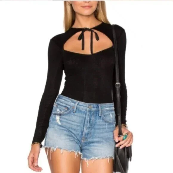 NWT FOR LOVE & LEMONS Josephina Bodysuit Black Tie Front and Long Sleeve L Large - Picture 2 of 11